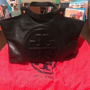 Tory Burch black leather logo tote